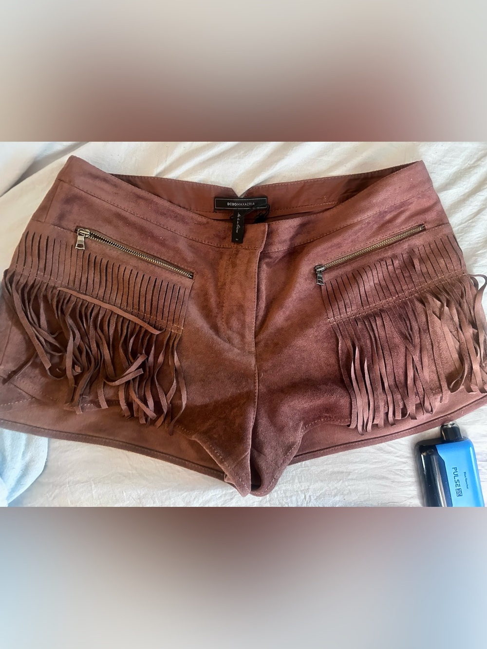 BCBGMAXAZRIA Brown Faux Suede Fringe Zip-Front Shorts, great condition